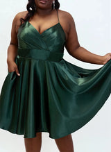 A-Line V-Neck Silk Like Satin(Non-Stretch) Homecoming Dresses-Ballbella