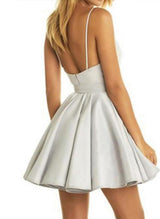 A-Line V-neck Sleeveless Satin Short/Mini Dresses With Appliques Lace-Ballbella