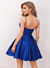 A-Line V-Neck Sleeveless Satin Short/Mini Homecoming Dress With Pleated-Ballbella