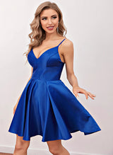 A-Line V-Neck Sleeveless Satin Short/Mini Homecoming Dress With Pleated-Ballbella