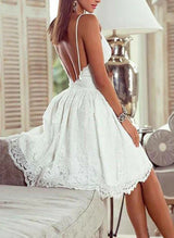 A-Line V-Neck Sleeveless Short/Mini Lace Little White Homecoming Dresses-Ballbella