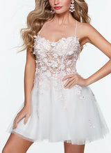 A-Line V-Neck Sleeveless Short/Mini Lace/Tulle Homecoming Dresses-Ballbella