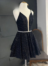A-Line V-neck Sleeveless Short/Mini Sequined Homecoming Dresses-Ballbella
