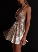 A-Line V-Neck Sleeveless Short/Mini Sequined Homecoming Dresses-Ballbella