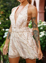 A-Line V-Neck Sleeveless Short/Mini Sequined Homecoming Dresses With Bow(s)-Ballbella