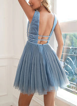 A-Line V-neck Sleeveless Short/Mini Tulle Homecoming Dresses-Ballbella
