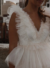 A-Line V-Neck Sleeveless Short/Mini Tulle Homecoming Dresses-Ballbella