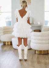 A-Line V-Neck Sleeveless Short/Mini Tulle Homecoming Dresses With Cascading Ruffles-Ballbella