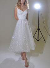 A-Line V-Neck Sleeveless Tea-Length Sequined Homecoming Dresses-Ballbella