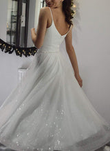 A-Line V-Neck Sleeveless Tea-Length Sequined Homecoming Dresses-Ballbella