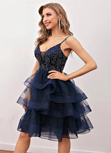 A-Line V-Neck Sleeveless Tulle Short/Mini Homecoming Dress With Pleated-Ballbella