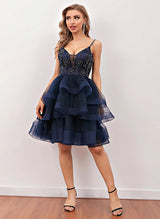 A-Line V-Neck Sleeveless Tulle Short/Mini Homecoming Dress With Pleated-Ballbella