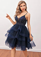 A-Line V-Neck Sleeveless Tulle Short/Mini Homecoming Dress With Pleated-Ballbella