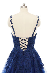 A-line V-neck Spaghetti strap Floor-length Sleeveless Backless Appliques Lace Elegant Prom Dress-Ballbella