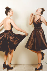 A-line V-neck Spaghetti Strap Knee Length Charmuse Backless Prom Dress-Ballbella