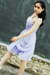 A-line V-neck Spaghetti Strap Knee Length Chiffon Pleated Prom Dress-Ballbella