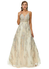 A-line V-neck Spaghetti strap Lace Floor-length Sleeveless Beading Prom Dress-Ballbella