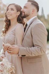 A-line V-neck Spaghetti strap Lace Sequined Floor-length Long Sleeve Applique With Side Train Wedding Dress-Ballbella