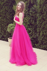 A-line V-neck Wide Strap Floor Length Tulle Beaded Rhinestone Prom Dress-Ballbella