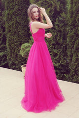 A-line V-neck Wide Strap Floor Length Tulle Beaded Rhinestone Prom Dress-Ballbella