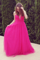 A-line V-neck Wide Strap Floor Length Tulle Beaded Rhinestone Prom Dress-Ballbella