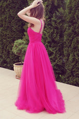 A-line V-neck Wide Strap Floor Length Tulle Beaded Rhinestone Prom Dress-Ballbella