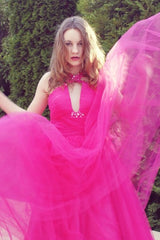 A-line V-neck Wide Strap Floor Length Tulle Beaded Rhinestone Prom Dress-Ballbella