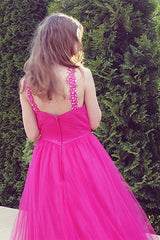 A-line V-neck Wide Strap Floor Length Tulle Beaded Rhinestone Prom Dress-Ballbella