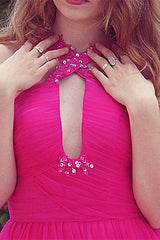 A-line V-neck Wide Strap Floor Length Tulle Beaded Rhinestone Prom Dress-Ballbella