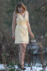 A-line V-neck Wide Strap Knee Length Organza Lace Rhinestone Prom Dress-Ballbella