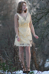 A-line V-neck Wide Strap Knee Length Organza Lace Rhinestone Prom Dress-Ballbella