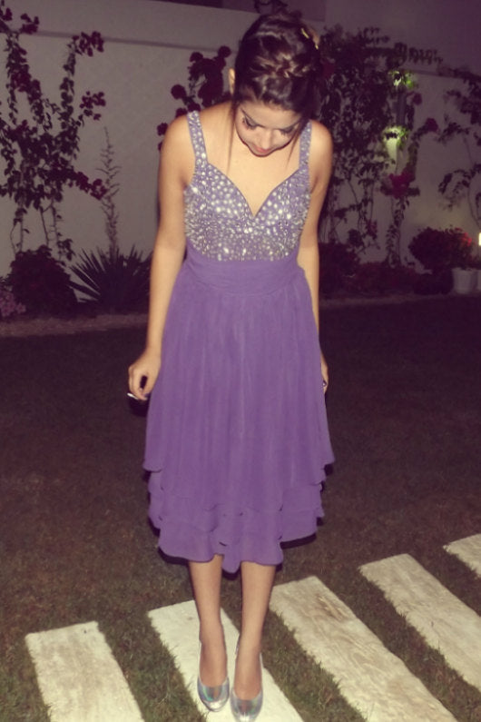 wide strap homecoming dress A-line V-neck Wide Strap Tea Length Tulle Rhinestone Homecoming Dress