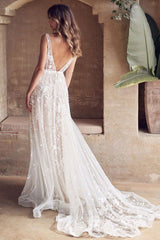 A-line Wedding Dress Sleeveless Lace Chic V-Neck Bridal Gowns With Train-Ballbella
