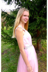 A-line Wide Strap Floor Length Chrmuse Tulle Rhinestone Prom Dress-Ballbella