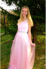 A-line Wide Strap Floor Length Chrmuse Tulle Rhinestone Prom Dress-Ballbella