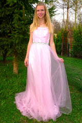 A-line Wide Strap Floor Length Chrmuse Tulle Rhinestone Prom Dress-Ballbella