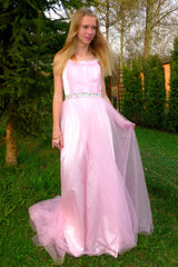 A-line Wide Strap Floor Length Chrmuse Tulle Rhinestone Prom Dress-Ballbella