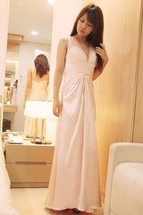A-line Wide Strap V-neck Floor Length Chiffon Beaded Prom Dress-Ballbella