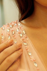 A-line Wide Strap V-neck Floor Length Chiffon Beaded Prom Dress-Ballbella