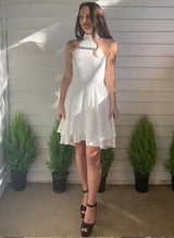 A-Line/Princess Halter Sleeveless Satin Short/Mini Homecoming Dress With Ruffle-Ballbella
