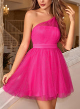 A-Line/Princess One Shoulder Tulle Sleeveless Short/Mini Homecoming Dresses With Pleated-Ballbella