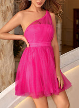 A-Line/Princess One Shoulder Tulle Sleeveless Short/Mini Homecoming Dresses With Pleated-Ballbella
