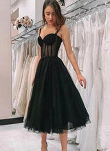 A-Line/Princess Sweetheart Sleeveless Lace Tea-Length Homecoming Dresses With Ruffle Pleated-Ballbella