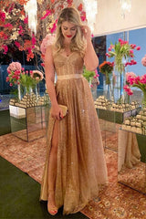 Affordable Sparkle Gold Sequin Sweetheart Prom Party Gowns with Chic High Split-Ballbella