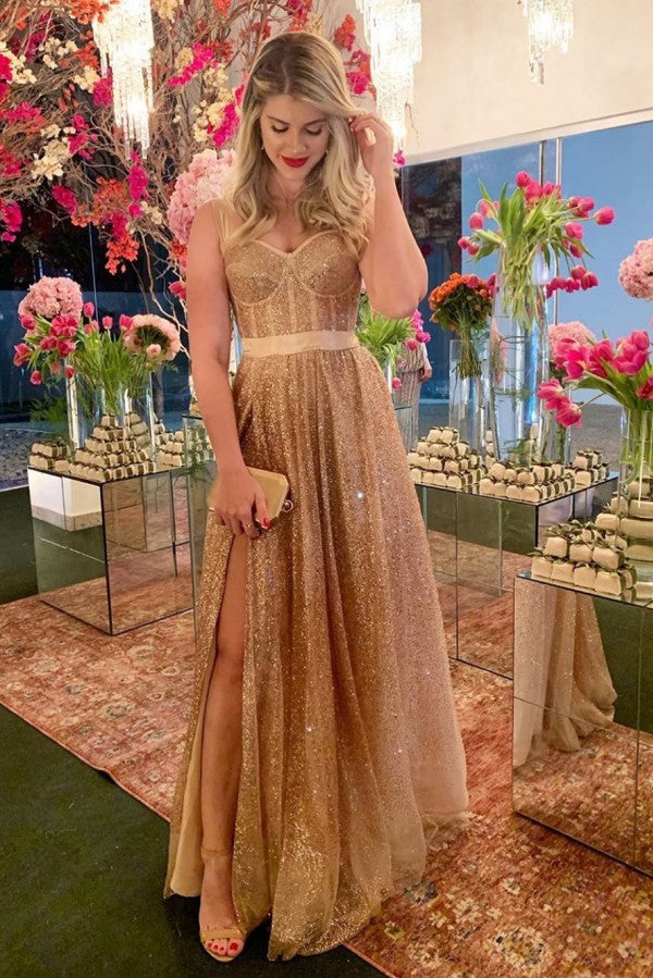 Affordable Sparkle Gold Sequin Sweetheart Prom Party Gowns with Chic High Split Affordable Sparkle Gold Sequin Sweetheart Prom Party Gowns with Chic High Split