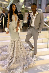 Alluring Chic V-neck Beads Appliques Prom Dresses Fit and Flare Flowers Evening Gowns-Ballbella