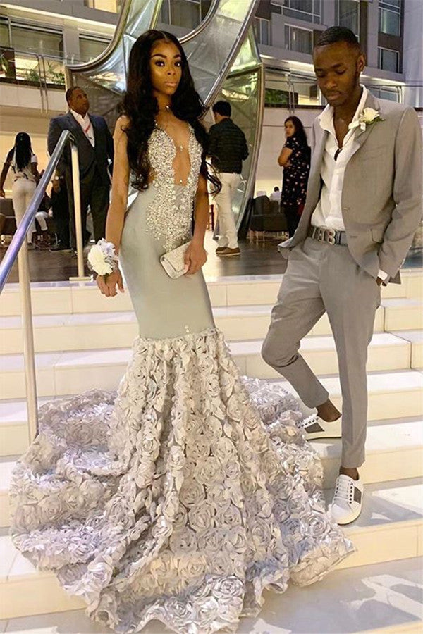 Alluring Chic V-Neck Beads Appliques Prom Dresses Fit and Flare Flowers Evening Gowns Alluring Chic V-Neck Beads Appliques Prom Dresses Fit and Flare Flowers Evening Gowns