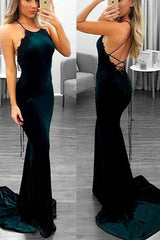 Alluring Elegant Lace Up Halter Applique Sleeveless Prom Dresses Chic Mermaid Popular Evening Dresses-Ballbella