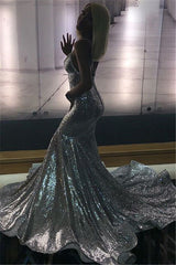 Alluring Spaghetti straps Glittering Sequins Sleeveless Mermaid Open Back Evening Dresses-Ballbella