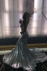 Alluring Spaghetti straps Glittering Sequins Sleeveless Mermaid Open Back Evening Dresses-Ballbella